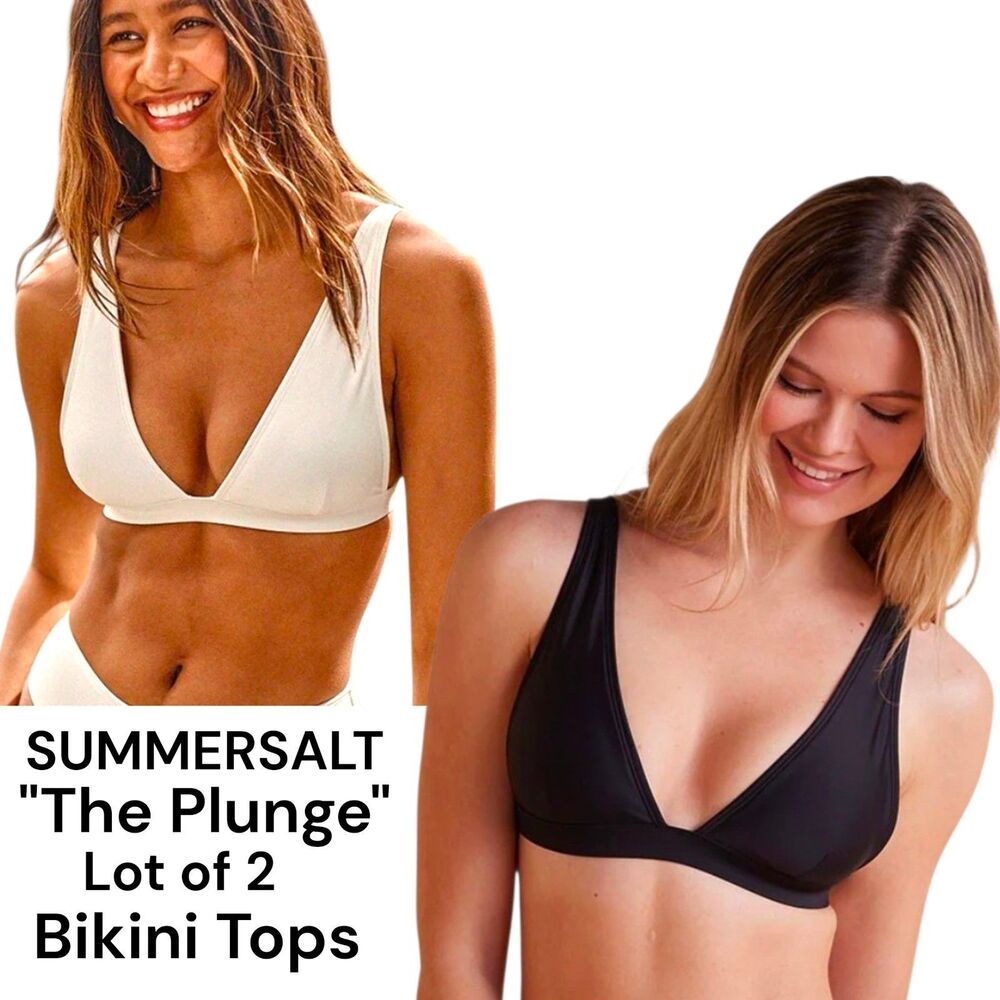 SUMMERSALT Lot Of 2 "THE PLUNGE" Sz 6 Black & White Sustainable Bikini Swim Tops